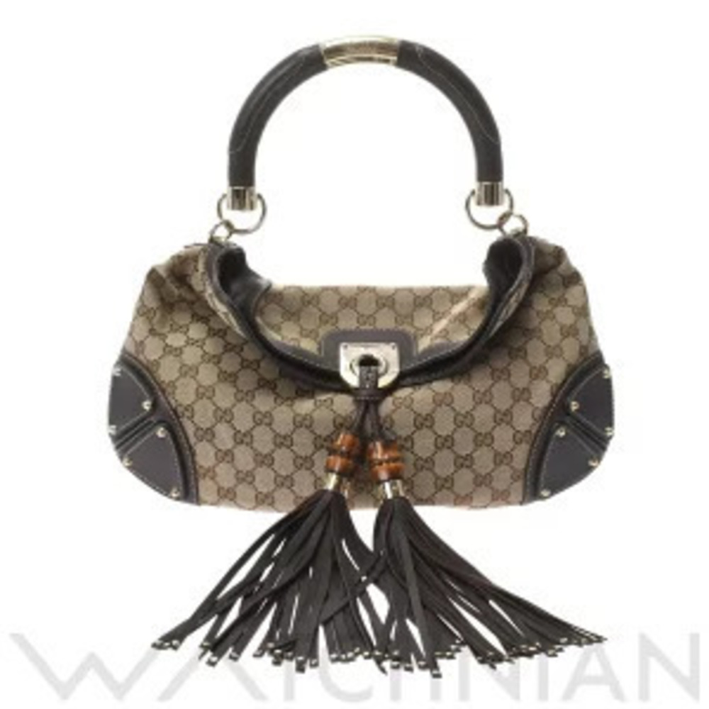 Gucci Beige Leather Handbag Canvas Bag Ebony Bamboo Brown GG - Picture 2 of 9